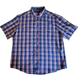 Mason James Button Down Shirt Mens XL Blue Pink Plaid Short Sleeve Stretch
